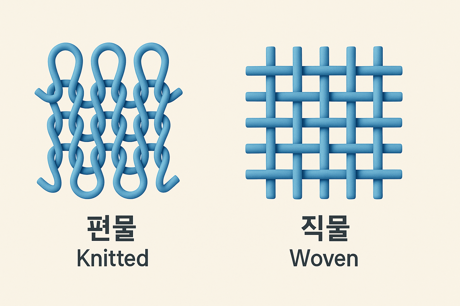 편물과 직물의 기본조직의 차이를 설명하는 이미지