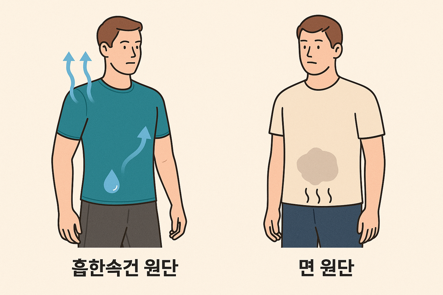 흡한속건 원단의 기능성을 이해하기 쉽게 설명한 이미지
